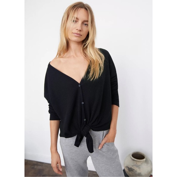 Babaton Tops - The Group by Babaton Tie-Front Thermal Longsleeve Waffle Knit V-Neck Cardigan